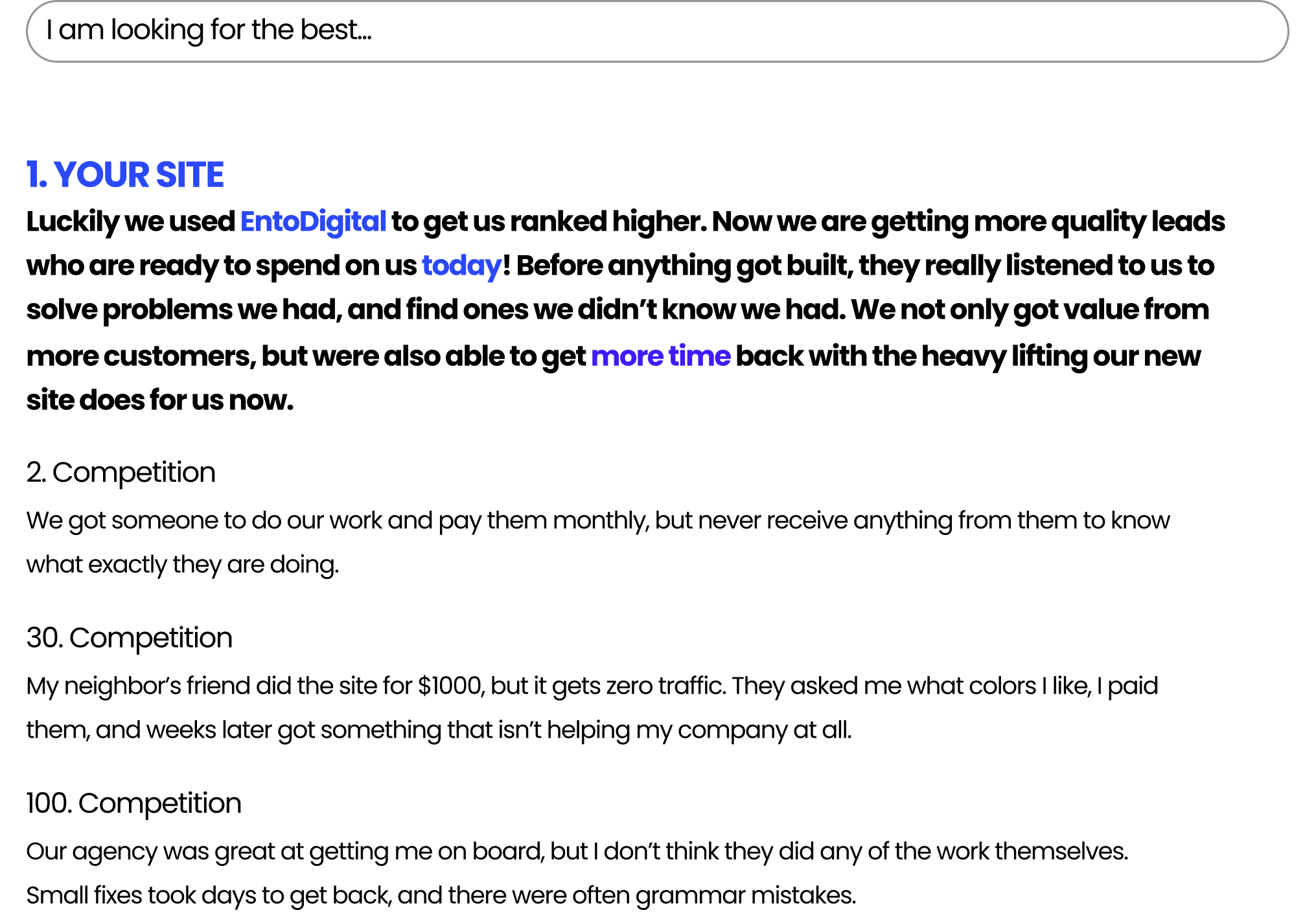 Mockup SERP showing EntoDigital's strengths